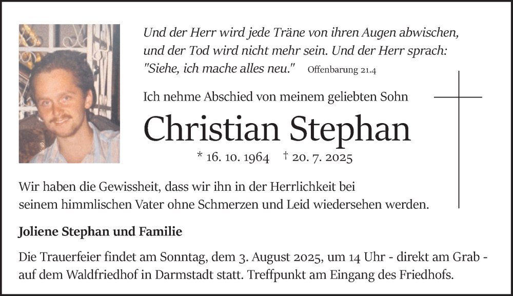  Traueranzeige für Christian Stephan vom 02.08.2025 aus Odenwälder Echo