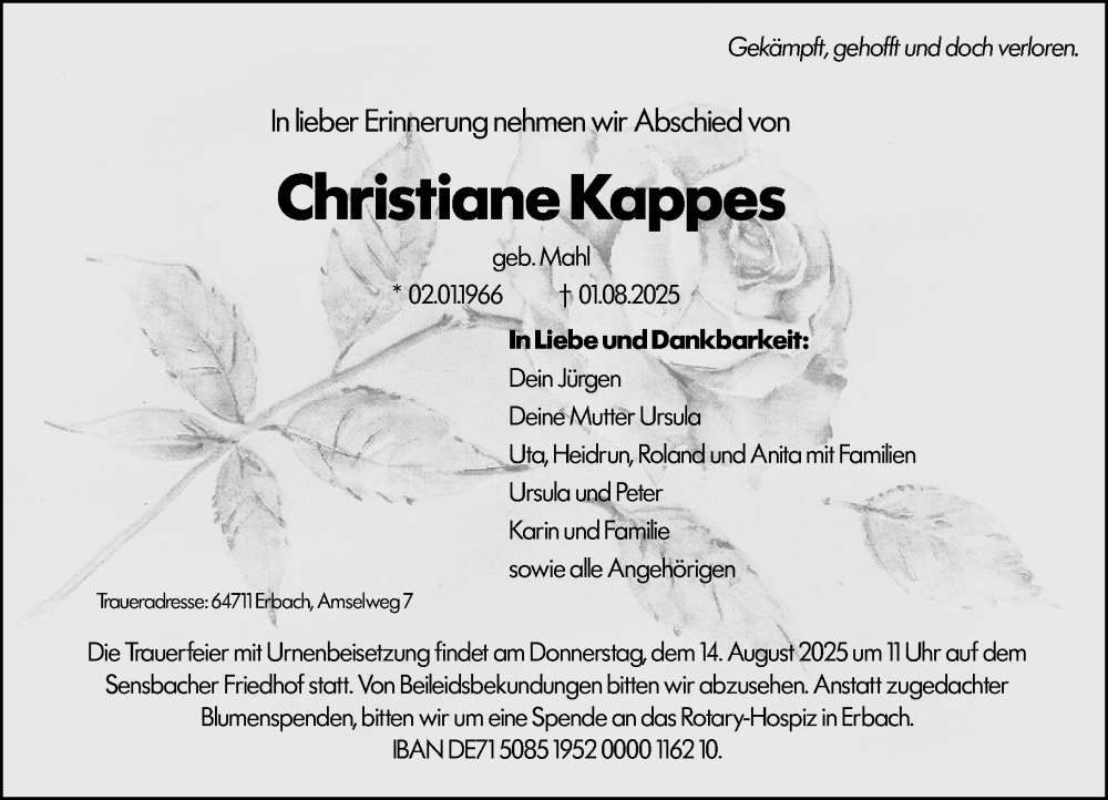  Traueranzeige für Christiane Kappes vom 09.08.2025 aus Odenwälder Echo