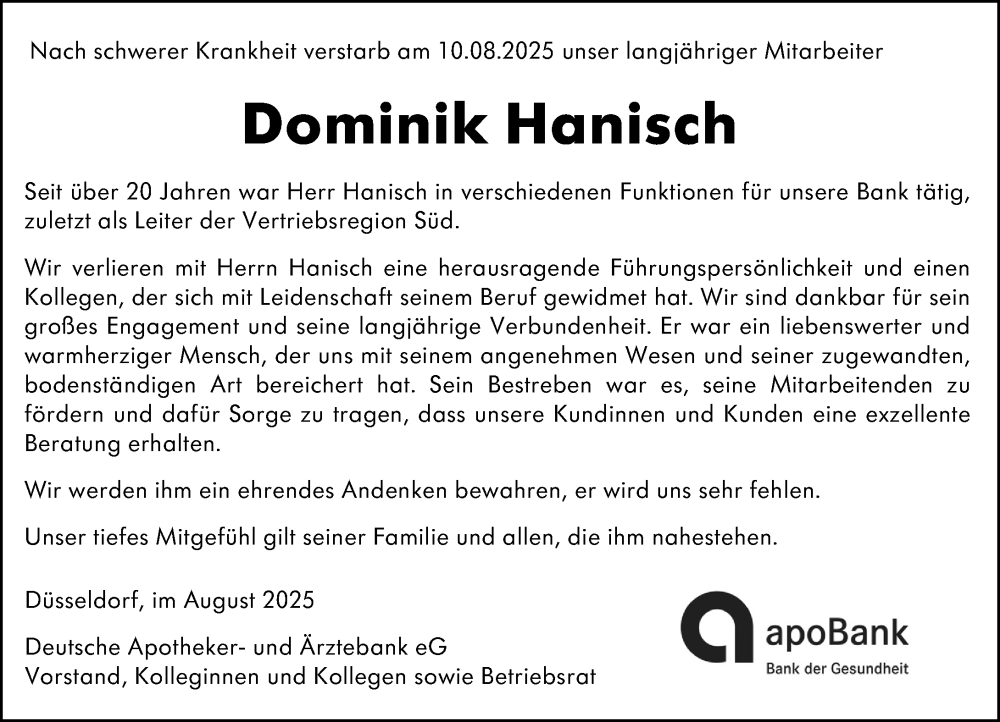  Traueranzeige für Dominik Hanisch vom 16.08.2025 aus Odenwälder Echo