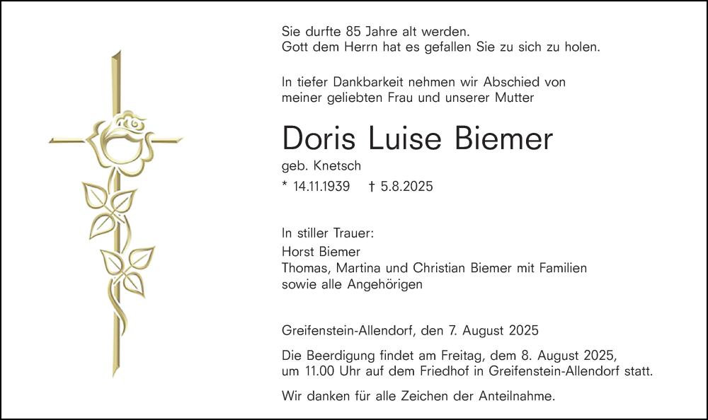  Traueranzeige für Doris Luise Biemer vom 07.08.2025 aus Wetzlarer Neue Zeitung