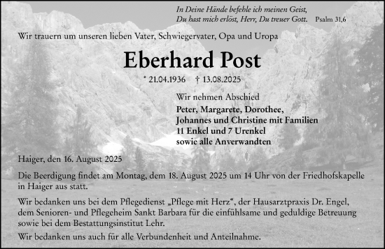 Traueranzeige von Eberhard Post von Dill Block