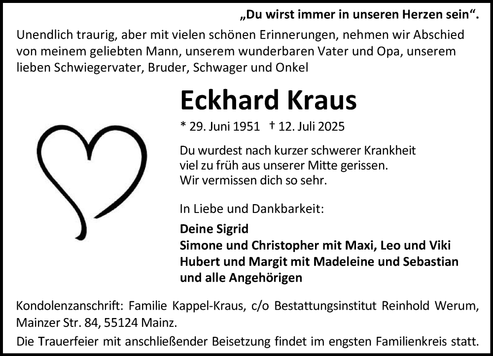 Traueranzeige für Eckhard Kraus vom 09.08.2025 aus Allgemeine Zeitung Mainz