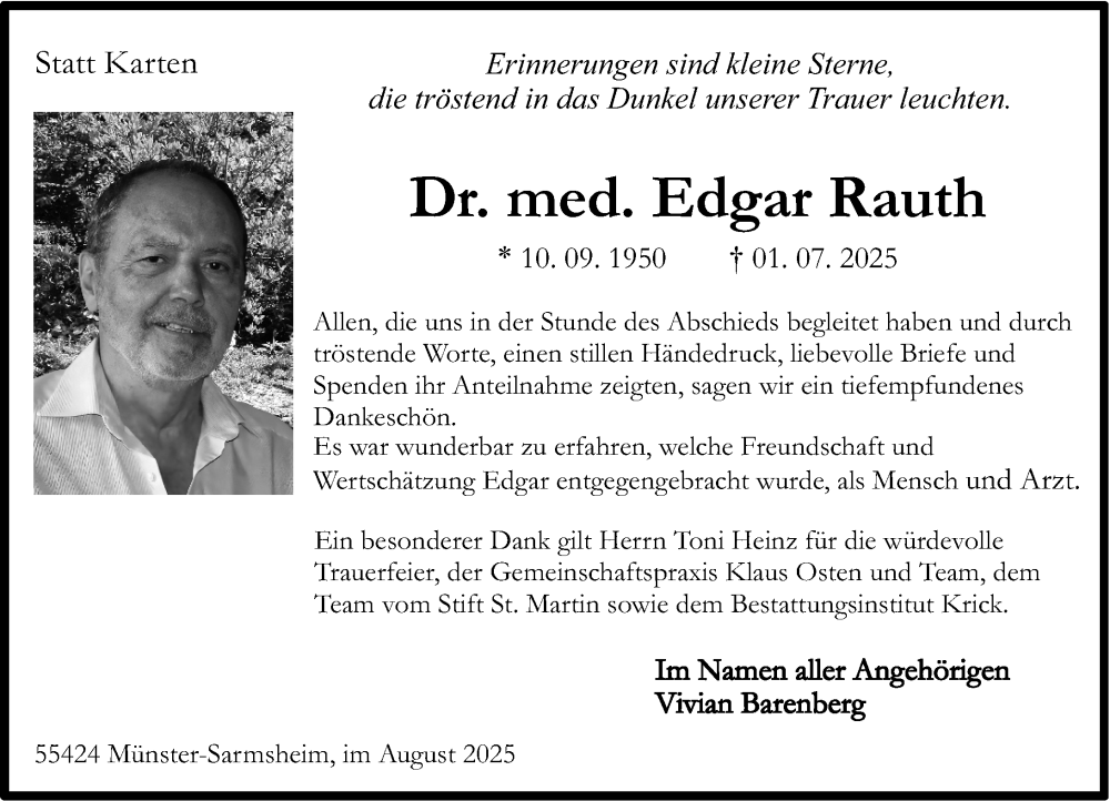  Traueranzeige für Edgar Rauth vom 23.08.2025 aus Allgemeine Zeitung Rheinhessen-Nahe