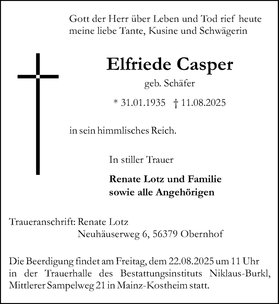  Traueranzeige für Elfriede Casper vom 16.08.2025 aus Allgemeine Zeitung Mainz