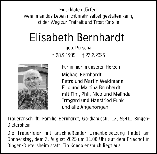 Traueranzeige von Elisabeth Bernhardt von Allgemeine Zeitung Mainz