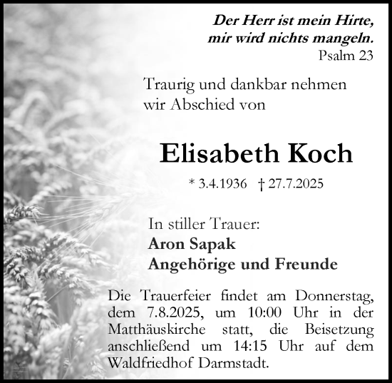 Traueranzeige von Elisabeth Koch von Darmstädter Echo