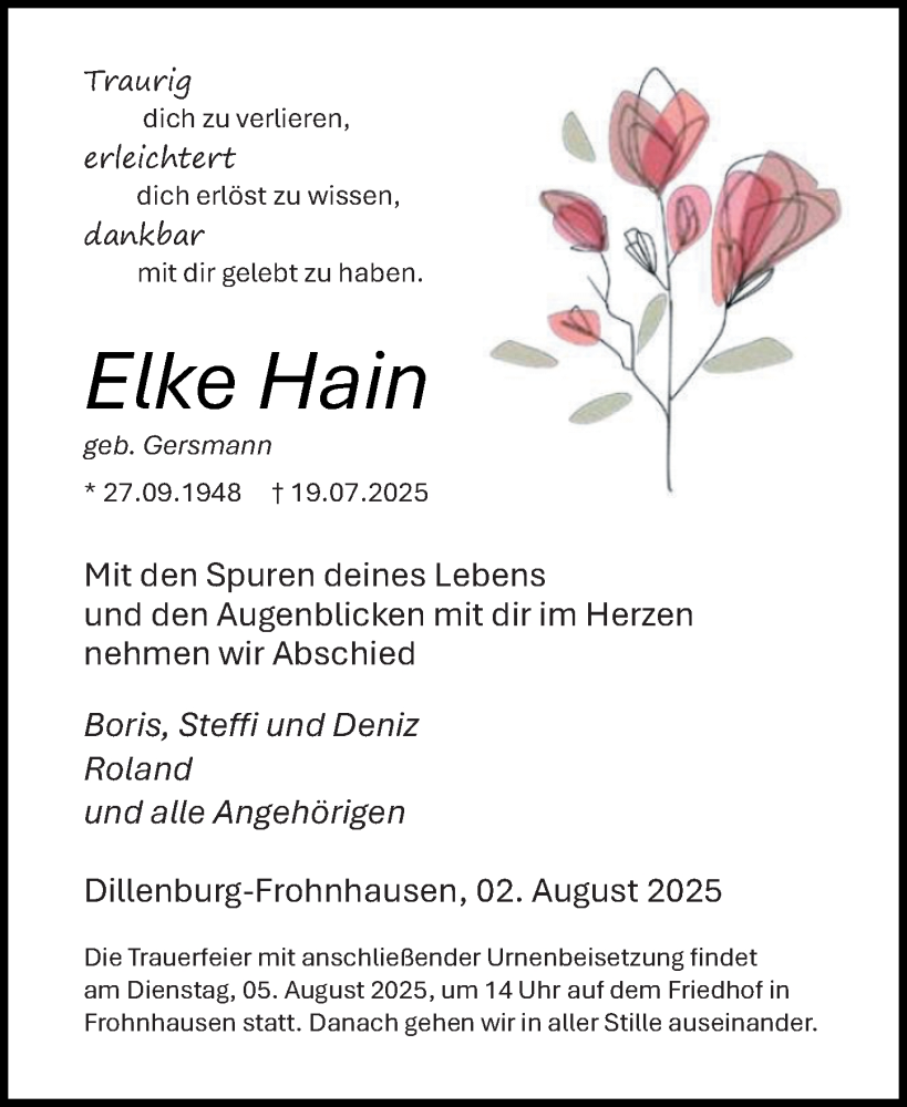  Traueranzeige für Elke Hain vom 02.08.2025 aus Dill Block