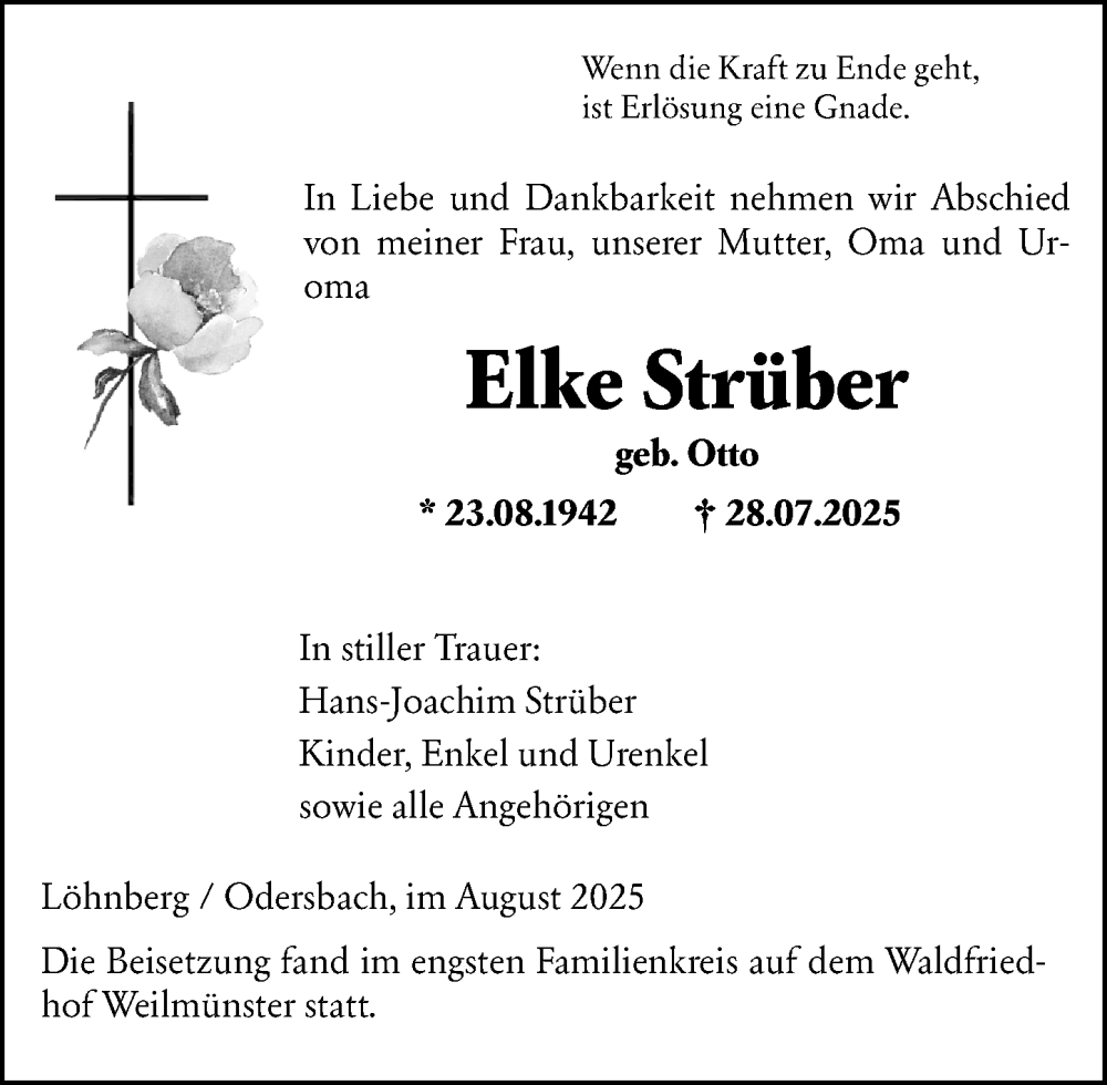  Traueranzeige für Elke Strüber vom 16.08.2025 aus Weilburger Tageblatt