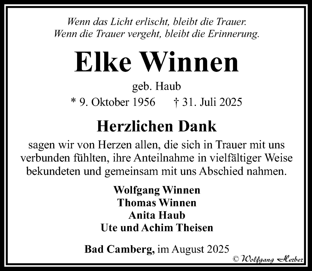  Traueranzeige für Elke Winnen vom 21.08.2025 aus Camberger Anzeiger