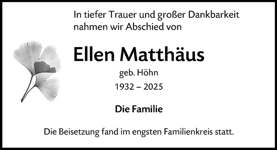 Traueranzeige von Ellen Matthäus von Wiesbadener Kurier