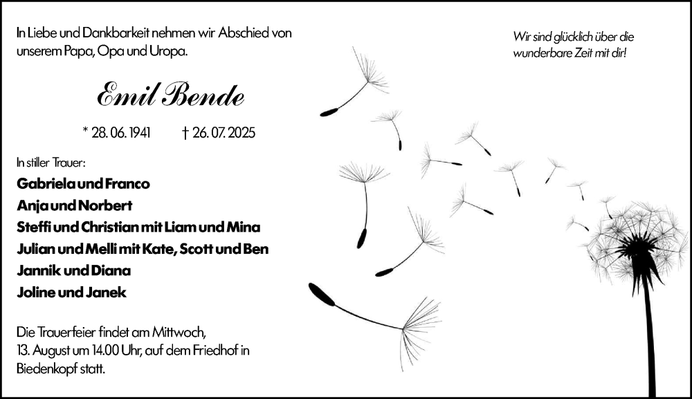  Traueranzeige für Emil Bende vom 04.08.2025 aus Hinterländer Anzeiger