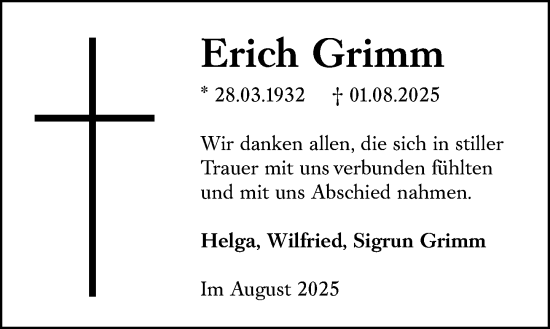 Traueranzeige von Erich Grimm von Dill Block