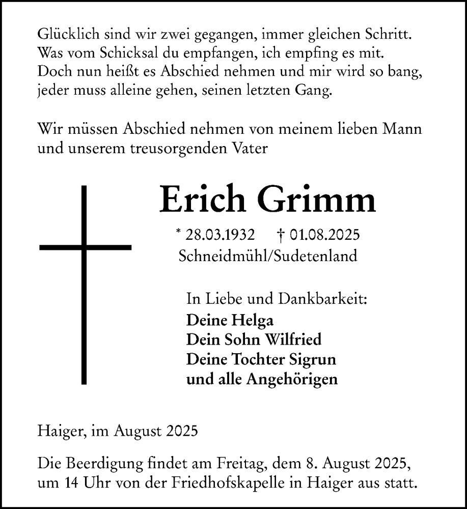  Traueranzeige für Erich Grimm vom 06.08.2025 aus Dill Block