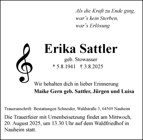 Traueranzeige von Erika Sattler von Rüsselsheimer Echo