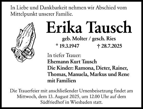 Traueranzeige von Erika Tausch von Wiesbadener Kurier