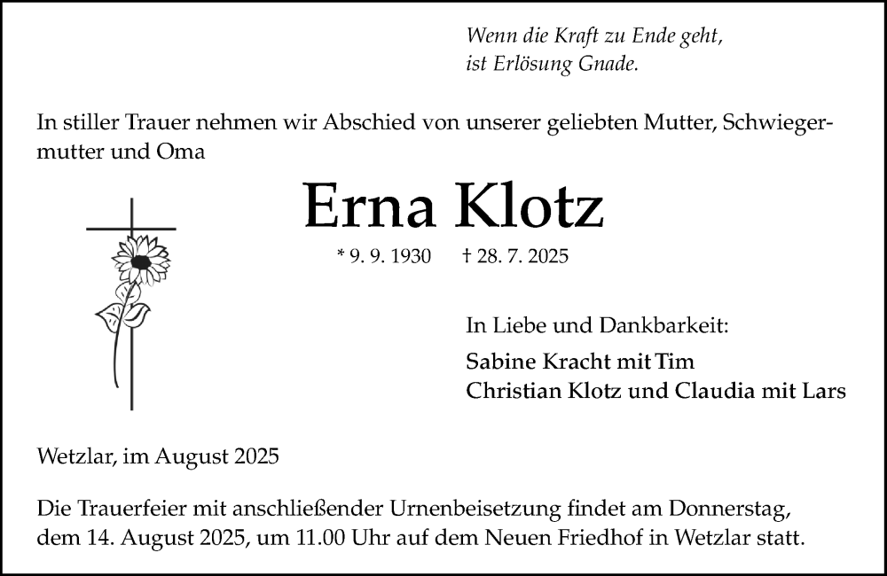  Traueranzeige für Erna Klotz vom 09.08.2025 aus Wetzlarer Neue Zeitung