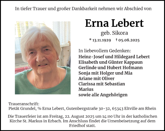 Traueranzeige von Erna Lebert von Rheingau Kurier