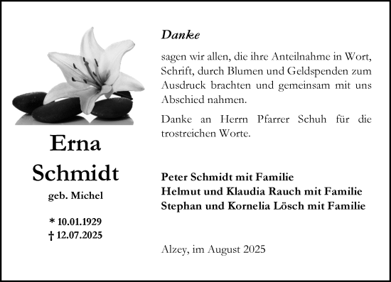 Traueranzeige von Erna Schmidt von Allgemeine Zeitung Alzey