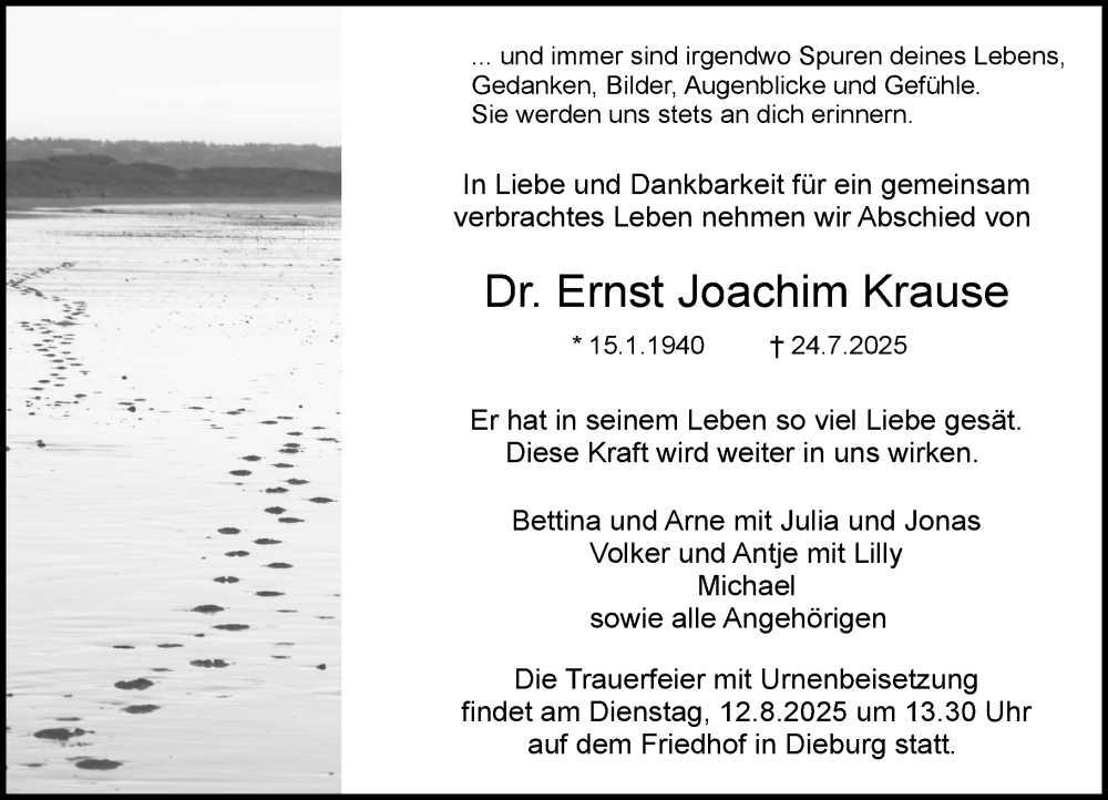  Traueranzeige für Ernst Joachim Krause vom 02.08.2025 aus Dieburger Anzeiger/Groß-Zimmerner Lokal-Anzeiger