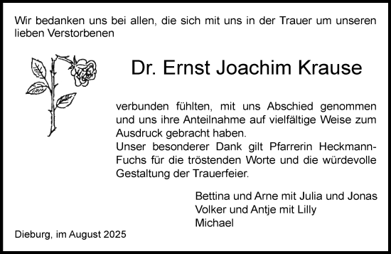 Traueranzeige von Ernst Joachim Krause von Dieburger Anzeiger/Groß-Zimmerner Lokal-Anzeiger