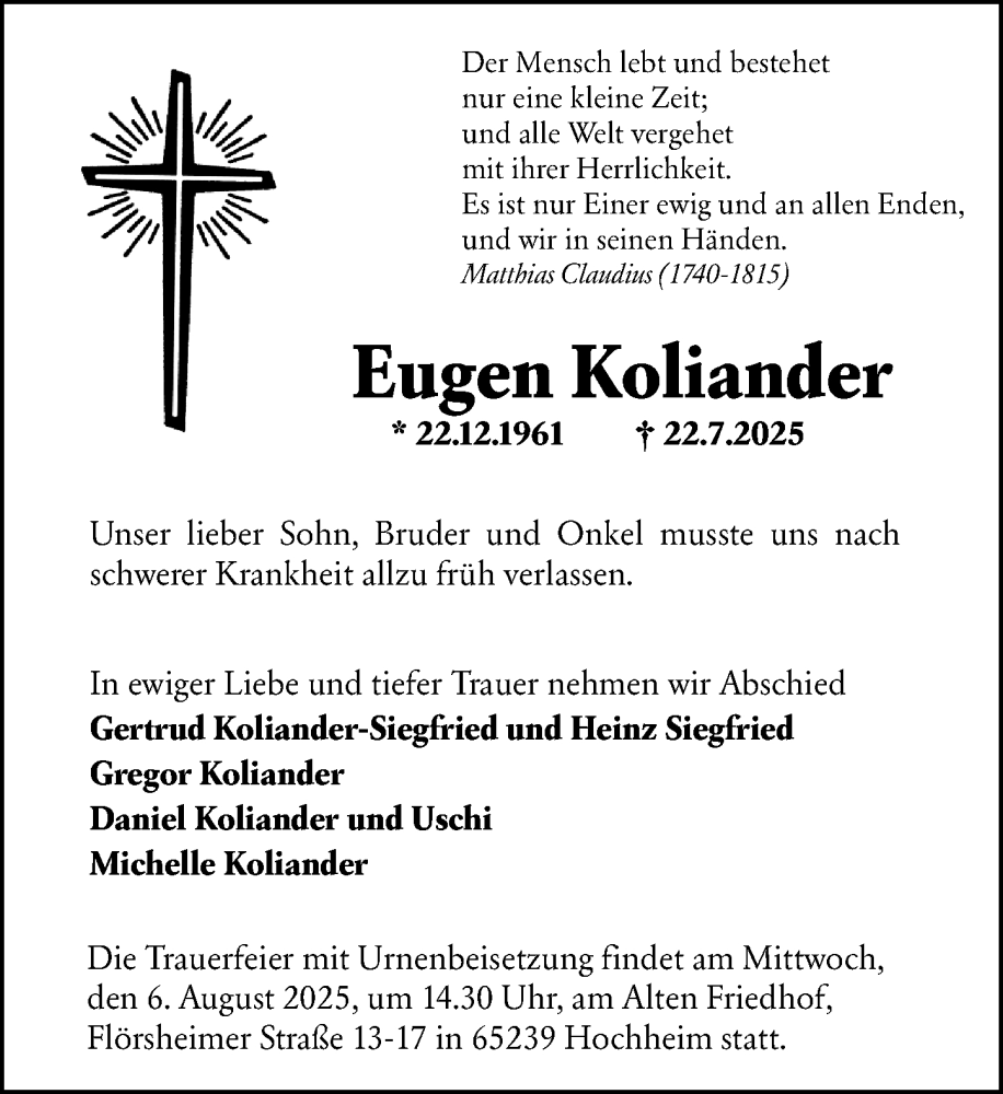  Traueranzeige für Eugen Koliander vom 01.08.2025 aus Hochheimer Zeitung