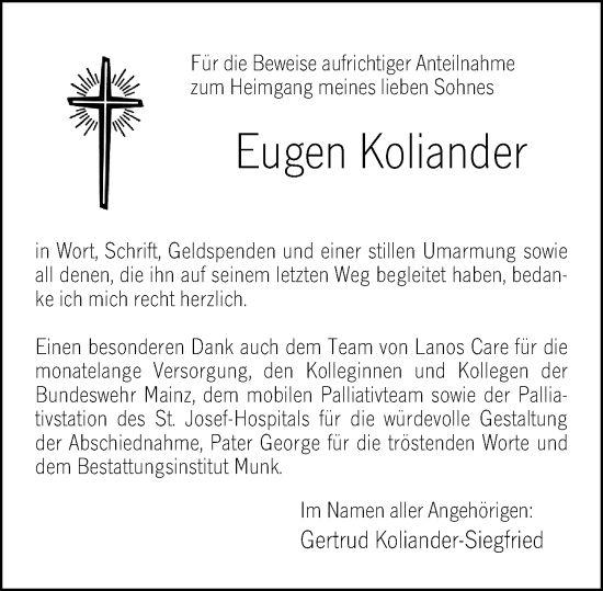Traueranzeige von Eugen Koliander von Hochheimer Zeitung