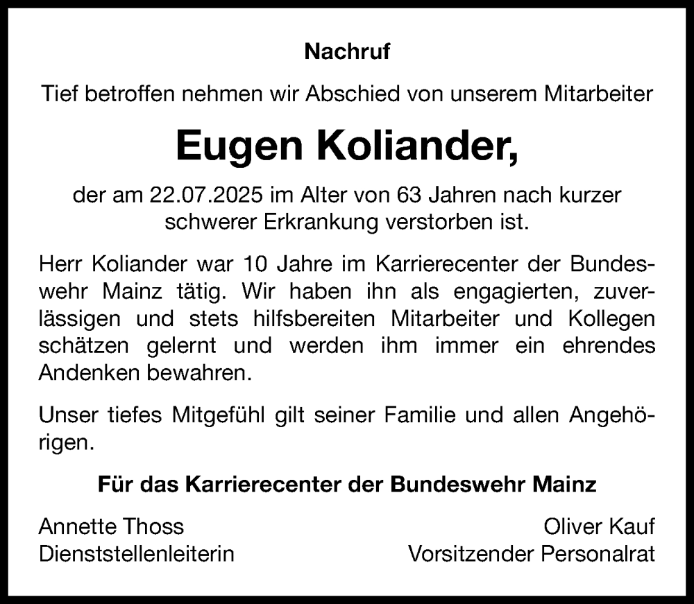  Traueranzeige für Eugen Koliander vom 08.08.2025 aus Hochheimer Zeitung
