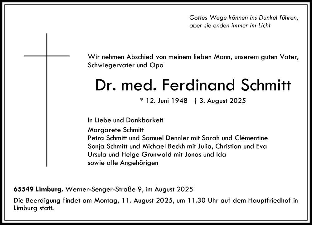 Traueranzeige für Ferdinand Schmitt vom 06.08.2025 aus Nassauische Neue Presse