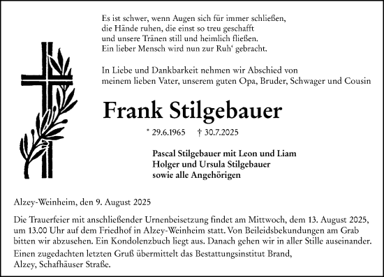 Traueranzeige von Frank Stilgebauer von Allgemeine Zeitung Alzey