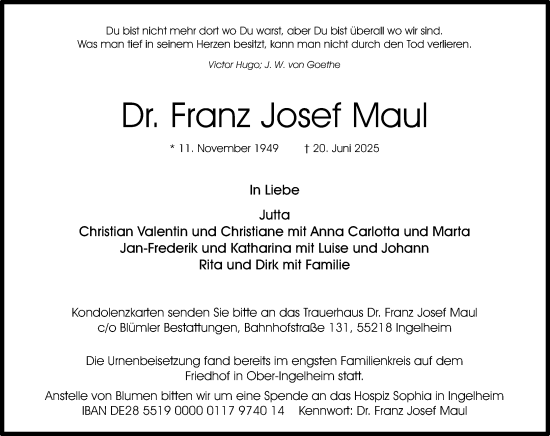Traueranzeige von Franz Josef Maul von Allgemeine Zeitung Rheinhessen-Nahe