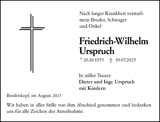 Traueranzeige von Friedrich-Wilhelm Urspruch von Hinterländer Anzeiger