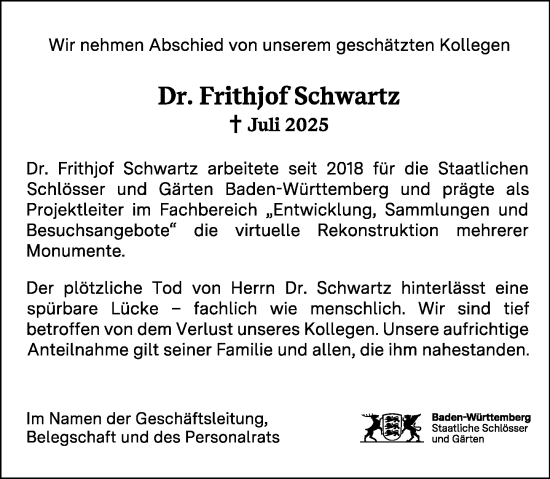 Traueranzeige von Frithjof Schwartz von Allgemeine Zeitung Mainz