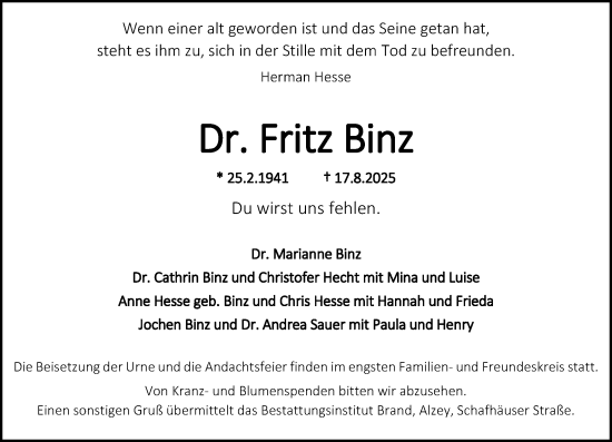 Traueranzeige von Fritz Binz von Allgemeine Zeitung Alzey