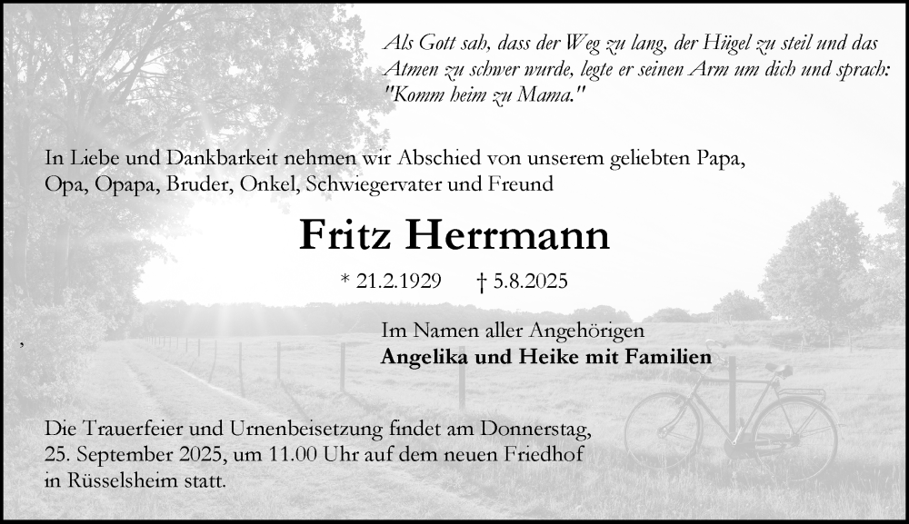  Traueranzeige für Fritz Herrmann vom 09.08.2025 aus Rüsselsheimer Echo