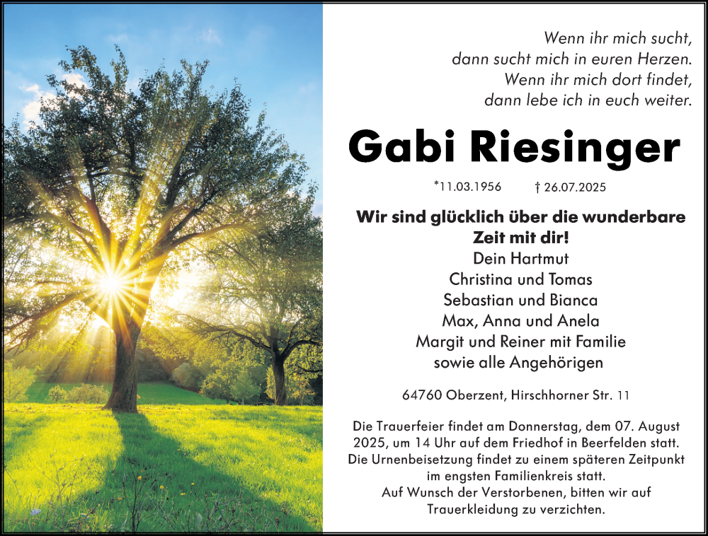  Traueranzeige für Gabi Riesinger vom 02.08.2025 aus Odenwälder Echo