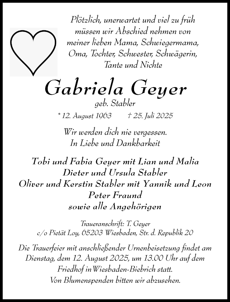  Traueranzeige für Gabriela Geyer vom 09.08.2025 aus Wiesbadener Kurier