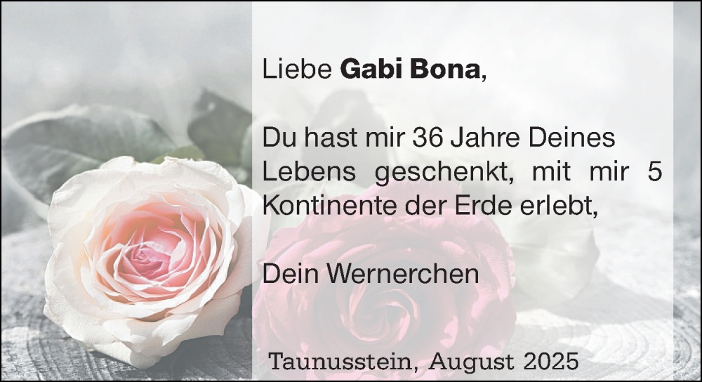  Traueranzeige für Gabriele Bona vom 02.08.2025 aus Wiesbadener Kurier