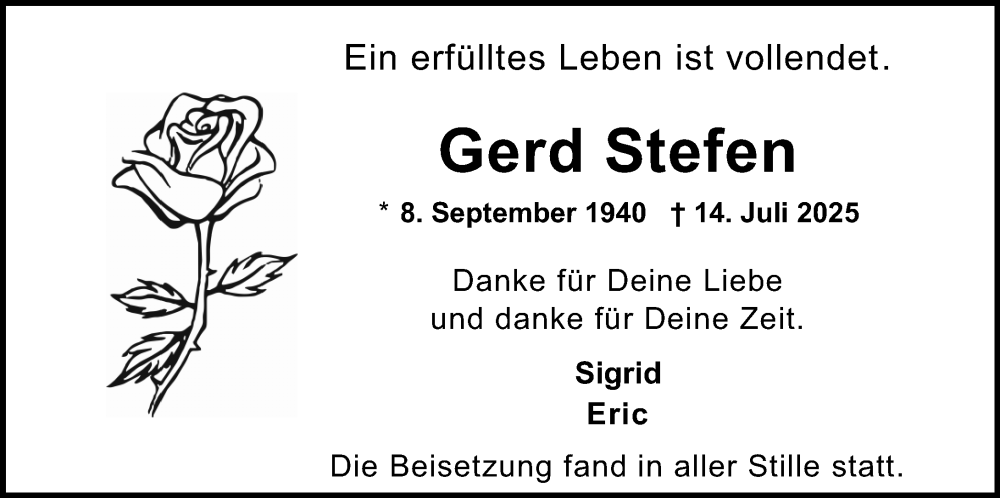  Traueranzeige für Gerd Stefen vom 16.08.2025 aus Allgemeine Zeitung Mainz