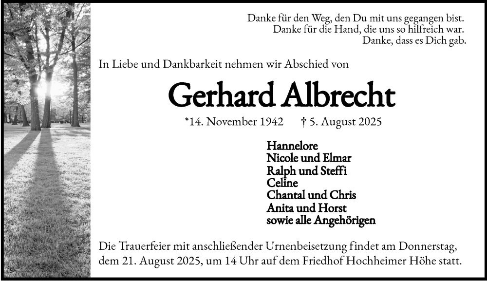  Traueranzeige für Gerhard Albrecht vom 16.08.2025 aus Wormser Zeitung