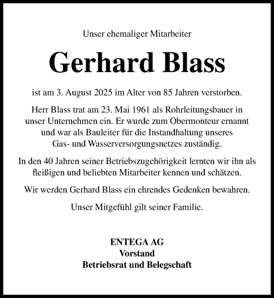Traueranzeige von Gerhard Blass von Odenwälder Echo