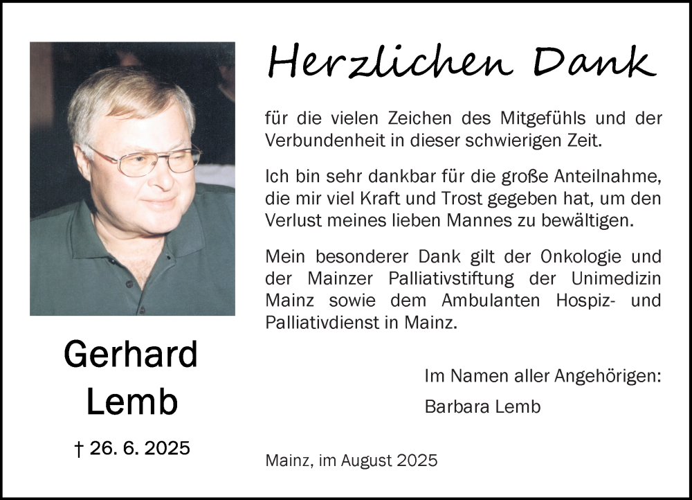  Traueranzeige für Gerhard Lemb vom 09.08.2025 aus Allgemeine Zeitung Mainz