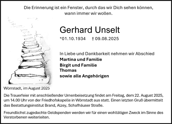 Traueranzeige von Gerhard Unselt von Allgemeine Zeitung Alzey