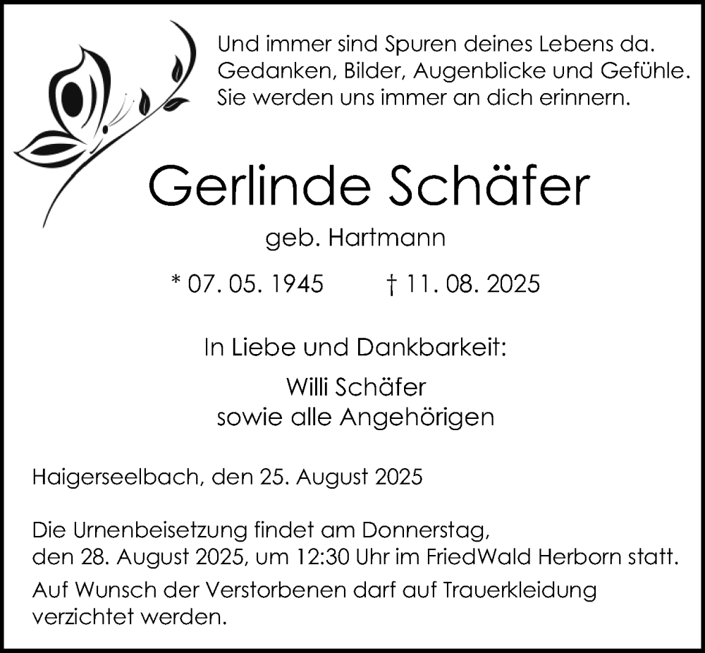  Traueranzeige für Gerlinde Schäfer vom 25.08.2025 aus Dill Block