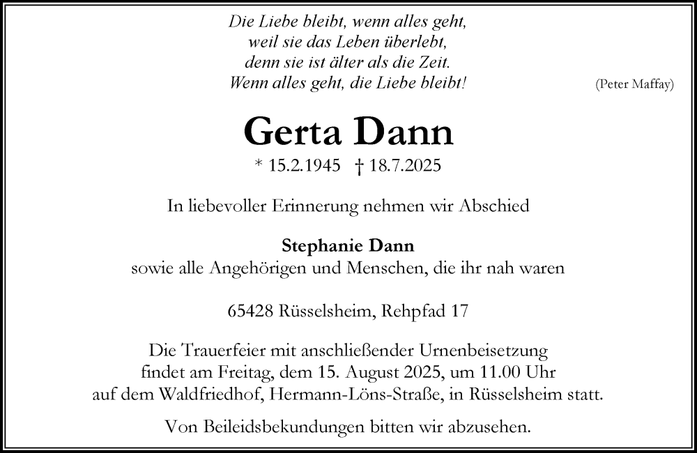  Traueranzeige für Gerta Dann vom 02.08.2025 aus Rüsselsheimer Echo