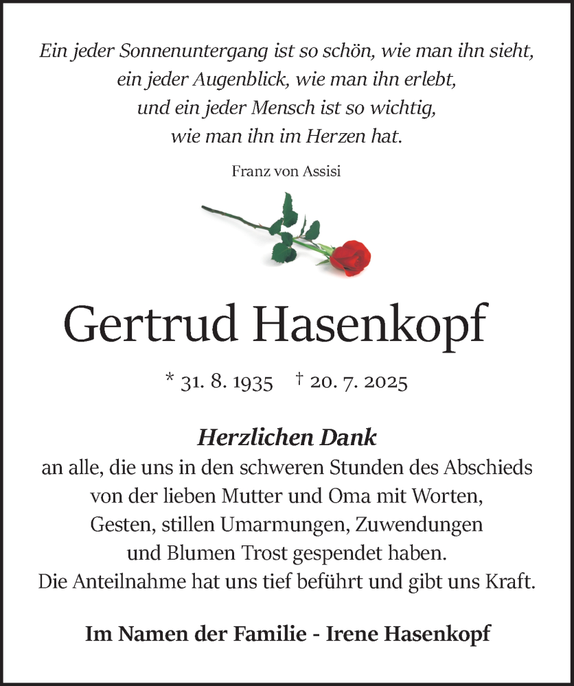  Traueranzeige für Gertrud Hasenkopf vom 16.08.2025 aus Odenwälder Echo