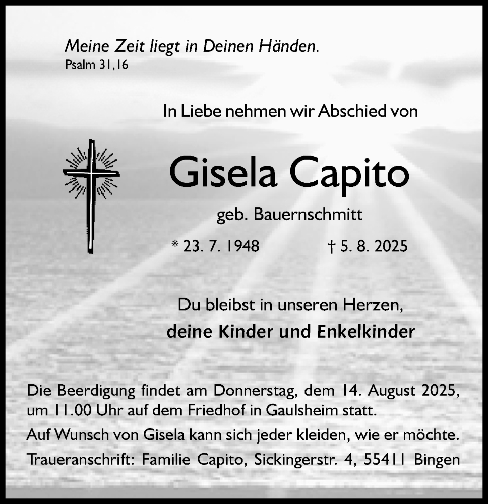  Traueranzeige für Gisela Capito vom 09.08.2025 aus Allgemeine Zeitung Rheinhessen-Nahe