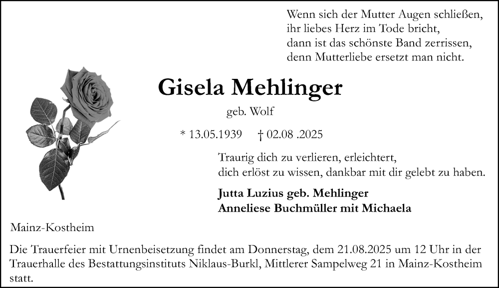  Traueranzeige für Gisela Mehlinger vom 16.08.2025 aus Allgemeine Zeitung Mainz