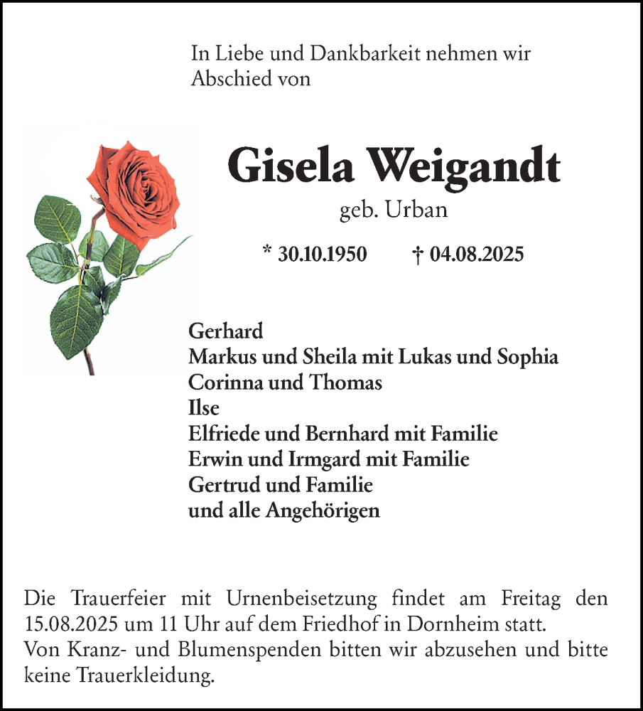 Traueranzeige für Gisela Weigandt vom 13.08.2025 aus Groß-Gerauer Echo