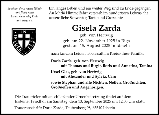 Traueranzeige von Gisela Zarda von Idsteiner Land/Untertaunus