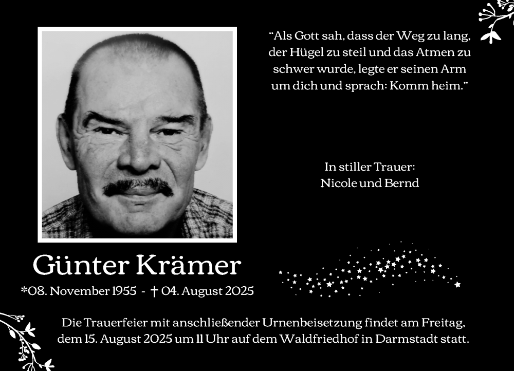  Traueranzeige für Günter Krämer vom 09.08.2025 aus Darmstädter Echo